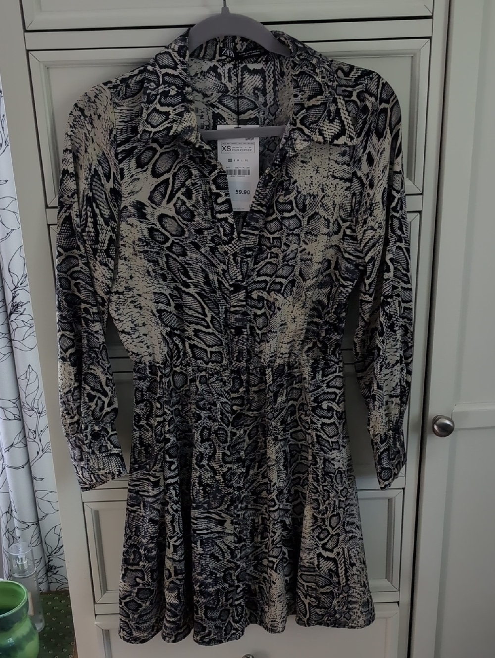 Zara Blue and Cream Snake-Print Long-Sleeve Shirt Dress
